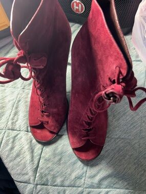 Coach Burgundy Suede Lace-Up Peep-Toe Heeled Boots